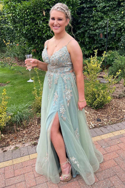 A Line Mint Green Tulle Prom Dress With Appliques,WQ119