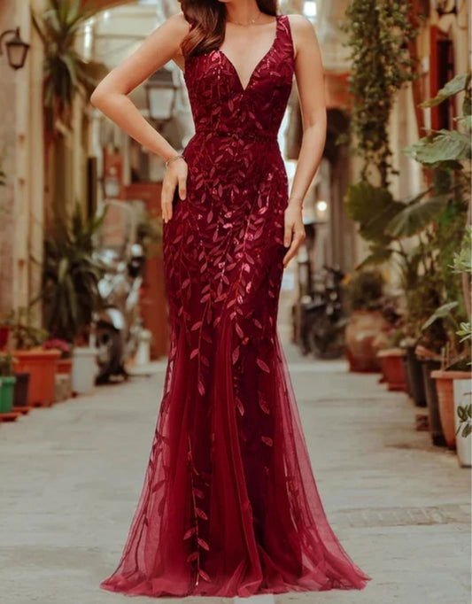 Glitter V-Neck Mermaid Long Prom Dress