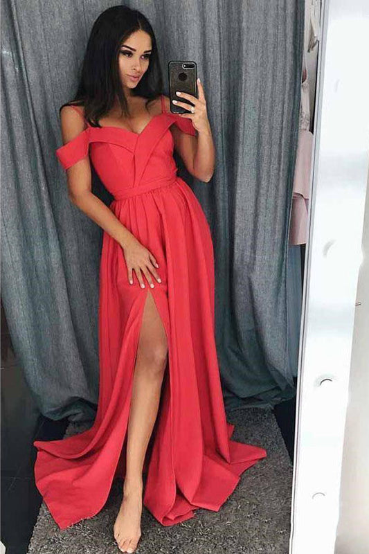 Spaghetti Straps Open Shoulder Satin Prom Dress With Side Slit,WP107