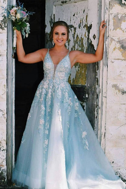 A-line V Neck Tulle Prom Dress With Floral Embroidery,WP129