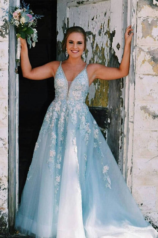 A-line V Neck Tulle Prom Dress With Floral Embroidery,WP129