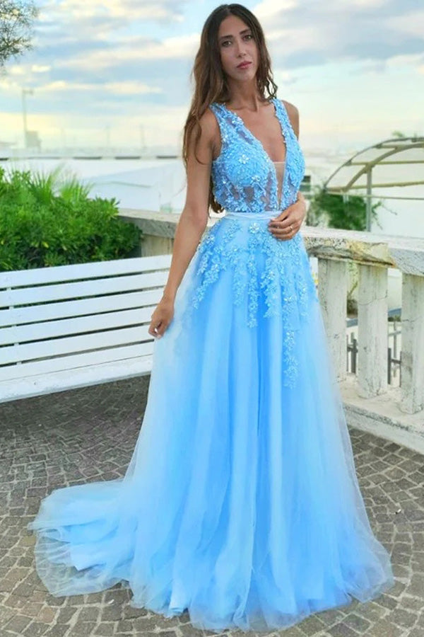 A-line Applique Tulle Prom Dress With Sweep Train,Wp450