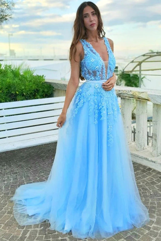 A-line Applique Tulle Prom Dress With Sweep Train,Wp450