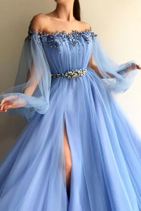 Long Sleeve Tulle Prom Dress Floral Evening Dress,WP207