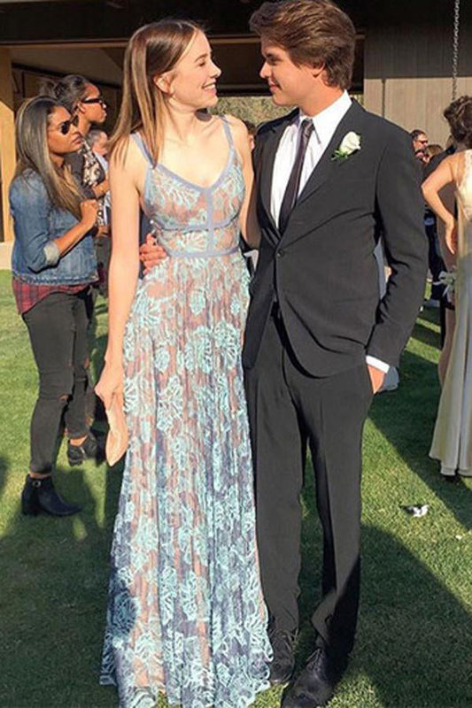 A Line V Neck Blue Lace Long Prom Dress Elegant Graduation Dress,WP254