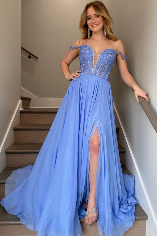 A Line Off The Shoulder Chiffon Lace Long Prom Dresses Long Evening Dresses,WP402