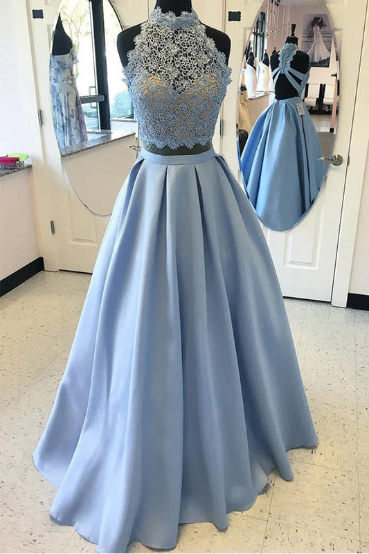 Two Piece Blue Satin Long Prom Dress With Lace Top WP438