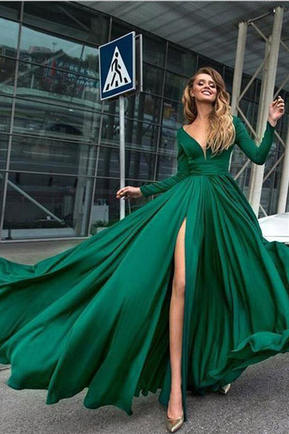 A Line Long Sleeve Prom Dress Dark Green Long Formal Dress WP444